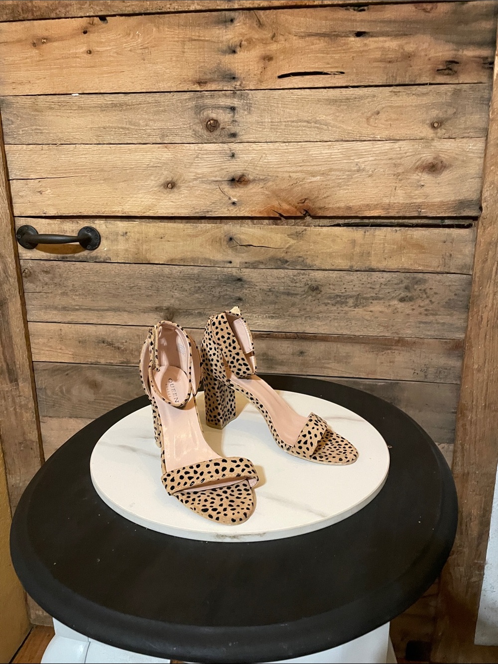 Queen George Beige Leopard-Print Ankle-Strap Block Heels